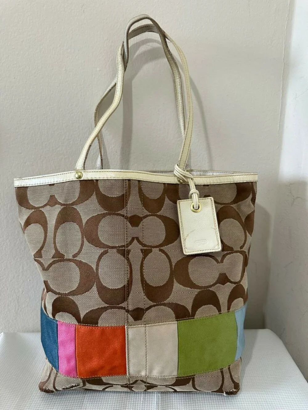 Coach Signature Multicolor Stripes Canvas Leather Trim Small Tote Bag
